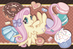 Size: 800x541 | Tagged: safe, artist:silverokami, fluttershy, g4, bow, candy, cookie, cupcake, donut, female, jello, solo
