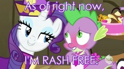 Size: 631x351 | Tagged: safe, edit, edited screencap, screencap, rarity, spike, dragon, pony, unicorn, dragon quest, g4, apron, blushing, caption, clothes, female, hub logo, image macro, male, mare, meme, rarity's bad pickup lines, text, whose line is it anyway