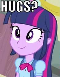 Size: 258x330 | Tagged: safe, edit, screencap, twilight sparkle, equestria girls, g4, my little pony equestria girls, bronybait, cute, hug, hug request, huggable, image macro, twiabetes, twismile