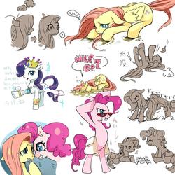 Size: 900x900 | Tagged: safe, artist:murai shinobu, fluttershy, pinkie pie, rarity, dragonshy, g4, glasses, japanese, jewelry, saddle bag, scene interpretation