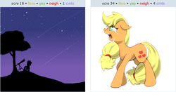 Size: 647x339 | Tagged: safe, applejack, twilight sparkle, derpibooru, g4, applejack's parents, crying, exploitable meme, juxtaposition, juxtaposition win, meme, meta, night, sad, shooting star, tree