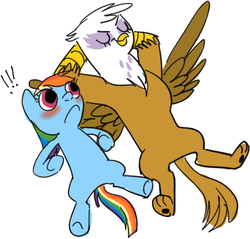 Size: 426x407 | Tagged: safe, artist:cazawhore, gilda, rainbow dash, griffon, g4, blushing