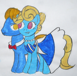 Size: 921x905 | Tagged: safe, artist:punksweet, eclair créme, perfect pace, earth pony, pony, g4, bowtie, clothes, dress, female, male, mare, stallion, the master, traditional art