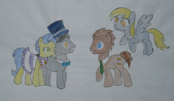 Size: 1077x627 | Tagged: safe, artist:punksweet, derpy hooves, doctor whooves, masquerade, time turner, pegasus, pony, g4, female, hat, mare, top hat