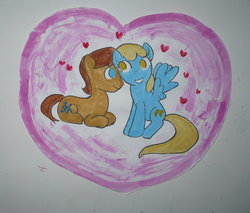 Size: 1469x1249 | Tagged: safe, artist:punksweet, caramel, sassaflash, earth pony, pegasus, pony, g4, caraflash, female, heart, male, shipping, straight