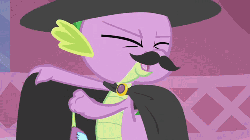 Size: 500x281 | Tagged: safe, screencap, spike, dragon, g4, owl's well that ends well, animated, cape, clothes, hat, laughing, male, moustache, solo, spikely whiplash