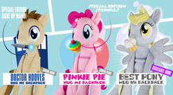 Size: 892x491 | Tagged: safe, derpy hooves, doctor whooves, pinkie pie, time turner, pegasus, pony, g4, backpack, best pony, female, mare, merchandise, welovefine