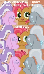 Size: 800x1350 | Tagged: safe, edit, edited screencap, screencap, babs seed, diamond tiara, silver spoon, earth pony, pony, g4, caption, clubhouse, comic, crusaders clubhouse, cutie mark, faceful of ass, female, filly, out of context, outofcontextmlp