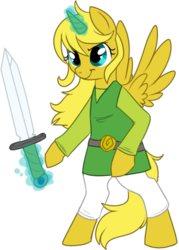 Size: 372x519 | Tagged: safe, artist:lulubell, oc, oc only, oc:ticket, alicorn, pony, alicorn oc, bipedal, clothes, magic, simple background, solo, sword, the legend of zelda, transparent background