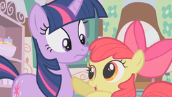 Size: 1680x945 | Tagged: safe, screencap, apple bloom, twilight sparkle, call of the cutie, g4