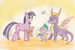 Size: 2230x1501 | Tagged: safe, artist:souleatersaku90, spike, twilight sparkle, g4, crossover, spyro the dragon, spyro the dragon (series), traditional art, watercolor painting