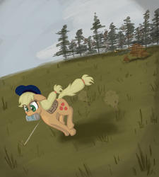 Size: 900x1000 | Tagged: safe, artist:bitterjitters, applejack, g4, dayz, female, mouth hold, running, sniper, solo