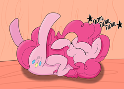 Size: 1280x914 | Tagged: safe, artist:reijana, pinkie pie, g4, :t, cute, diapinkes, eyes closed, female, legs in air, nom, on back, smiling, solo, tail bite