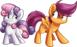 Size: 713x440 | Tagged: safe, artist:fizzy-dog, scootaloo, sweetie belle, g4, thinking