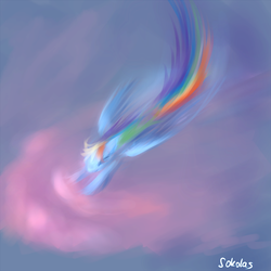 Size: 1000x1000 | Tagged: safe, artist:sokolas, rainbow dash, g4, cloud, cloudy, fast, female, flying, motion blur, solo