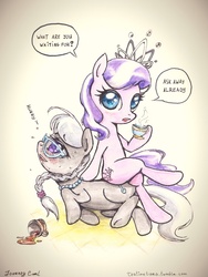 Size: 768x1024 | Tagged: safe, artist:almaska, diamond tiara, silver spoon, tumblr:teatimetiara, g4, abuse, ask, blushing, drool, filly, food, glasses, open mouth, silverbuse, sitting, sitting on person, sitting on pony, spoonabuse, tea, tea party, traditional art, tumblr