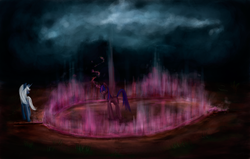 Size: 1800x1145 | Tagged: safe, artist:netkarma, trixie, twilight sparkle, g4, dark, magic, magic circle