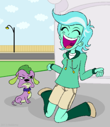 Size: 498x572 | Tagged: safe, artist:hellarmy, lyra heartstrings, spike, dog, equestria girls, g4, my little pony equestria girls, equestria girls-ified, exploitable meme, good end, humie, role reversal, spike the dog, that pony sure does love humans, twiscream, victory