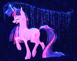 Size: 600x474 | Tagged: safe, artist:deepfriedrainbows, twilight sparkle, g4, chest fluff, ear fluff, eyes closed, glowing horn, horn, magic, simple background, unshorn fetlocks