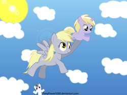 Size: 3333x2500 | Tagged: safe, artist:ponypower5000, derpy hooves, dinky hooves, pegasus, pony, g4, cute, equestria's best mother, female, flying, mare