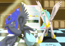 Size: 3507x2465 | Tagged: safe, artist:sakuracheetah, princess celestia, princess luna, g4, banana, cake, cakelestia, epic, fight, magic, open, refrigerator