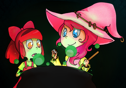 Size: 1280x898 | Tagged: safe, artist:lyricalecho, apple bloom, pinkie pie, human, friendship is witchcraft, g4, cauldron, costume, humanized, witch