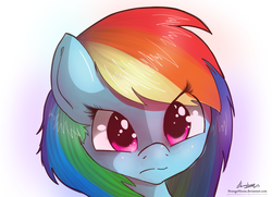 Size: 1657x1200 | Tagged: safe, artist:strangemoose, rainbow dash, pegasus, pony, g4, alternate hairstyle, female, head only, looking at you, solo, tsunderainbow, tsundere