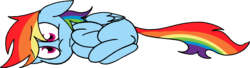 Size: 1865x510 | Tagged: safe, artist:strangiesleepy, rainbow dash, pegasus, pony, g4, cross-eyed, curled up, female, fetal position, floppy ears, frown, on side, simple background, solo, transparent background