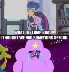 Size: 800x838 | Tagged: safe, edit, edited screencap, screencap, flash sentry, twilight sparkle, equestria girls, g4, my little pony equestria girls, adventure time, brad, crying, lumpy space princess, luna's office, male, trouble in lumpy space