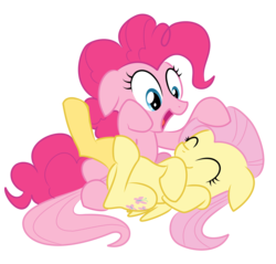 Size: 3000x2870 | Tagged: safe, artist:ciudadmagica, fluttershy, pinkie pie, earth pony, pegasus, pony, g4, ^^, eyes closed, female, lesbian, ship:flutterpie, shipping, simple background, tickling, transparent background, vector