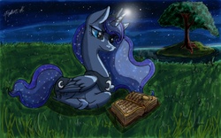 Size: 1440x900 | Tagged: safe, artist:random-gal, princess luna, g4, book, female, grass, night, prone, reading, solo, tree