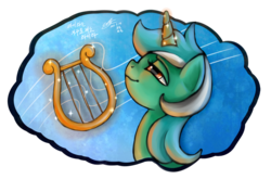 Size: 1500x990 | Tagged: safe, artist:mrs1989, lyra heartstrings, pony, unicorn, g4, female, lidded eyes, lyre, magic, musical instrument, smiling, solo, telekinesis