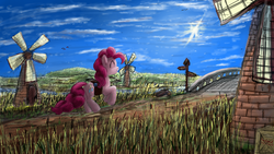 Size: 1920x1080 | Tagged: safe, artist:anttosik, pinkie pie, earth pony, pony, g4, bag, butt, cottagecore, female, mare, plot, saddle bag, solo, wallpaper, windmill