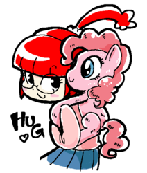 Size: 515x608 | Tagged: safe, artist:sukaponta, pinkie pie, human, g4, backpack, blushing, carrying, clothes, glasses, heart, hug, japanese, red hair, skirt