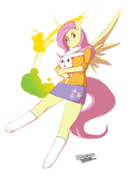 Size: 638x865 | Tagged: safe, artist:lionalliance, angel bunny, fluttershy, anthro, g4, big breasts, breasts, busty fluttershy, clothes, female, skirt, socks, sweater, sweatershy