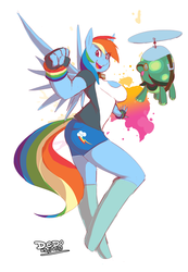 Size: 618x892 | Tagged: safe, artist:lionalliance, rainbow dash, tank, anthro, g4, big breasts, bracelet, breasts, busty rainbow dash, clothes, female, gloves, jewelry, shirt, shorts, solo, wristband