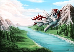 Size: 1500x1055 | Tagged: safe, artist:onyrica, oc, oc only, flying, mountain, river, scenery, sky