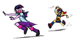 Size: 1256x671 | Tagged: safe, artist:zicygomar, sunset shimmer, twilight sparkle, equestria girls, g4, chase, duo, lucha libre, luchador, mask, masked shimmer, midriff