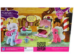 Size: 740x555 | Tagged: safe, cup cake, twirly treats, g4, official, brushable, crystal princess celebration, dazzle cake, hat, irl, oven, photo, qr code, sugarcube corner, toy
