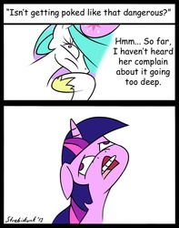 Size: 848x1078 | Tagged: safe, artist:strebiskunk, princess celestia, twilight sparkle, alicorn, pony, unicorn, ask horn warmer twilight, g4, 2 panel comic, all the way through, comic, comic sans, dialogue, duo, duo female, female, floppy ears, horn, horn penetration, horn warmer, impalement, mare, open mouth, penetration, wall eyed