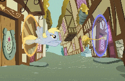 Size: 776x506 | Tagged: safe, artist:galekz, derpy hooves, pegasus, pony, g4, animated, female, mare, muffin, portal