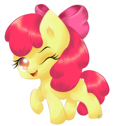 Size: 657x712 | Tagged: safe, artist:avelineh, apple bloom, earth pony, pony, g4, female, filly, one eye closed, open mouth, raised hoof, simple background, solo, transparent background, wink