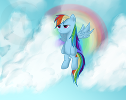 Size: 1200x960 | Tagged: safe, artist:argoth, rainbow dash, g4, cloud, cloudy, female, flying, frown, glare, solo, spread wings, unamused