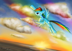 Size: 1400x1000 | Tagged: safe, artist:psychoanalytic, rainbow dash, g4, cloud, cloudy, female, flying, solo, sunset