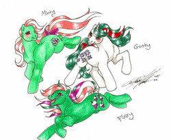 Size: 787x644 | Tagged: safe, artist:moonfeather, fizzy, gusty, minty, g1, g3, cute, fizzybetes, gustybetes, mintabetes, traditional art