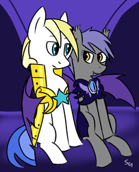 Size: 1215x1500 | Tagged: safe, artist:saine grey, oc, oc only, oc:cloud skipper, oc:midnight blossom, bat pony, pony, cloudblossom, female, guardsmare, male, mare, night guard, royal guard, straight