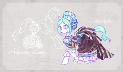 Size: 1457x854 | Tagged: safe, artist:s0901, oc, oc only, oc:gloria, earth pony, pony, robot, clothes, dress, pixiv