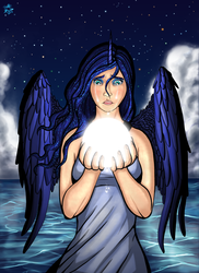 Size: 2250x3093 | Tagged: safe, artist:vuliem, princess luna, human, g4, crying, female, horn, horned humanization, humanized, moon, ocean, sad, solo, stars, tangible heavenly object, winged humanization