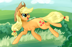 Size: 1500x981 | Tagged: safe, artist:ruby-hooves, applejack, g4, chest fluff, female, looking back, running, solo