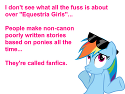 Size: 2000x1500 | Tagged: safe, rainbow dash, equestria girls, g4, equestria girls drama, op has a point, scrunchy face, shrug, sunglasses, text